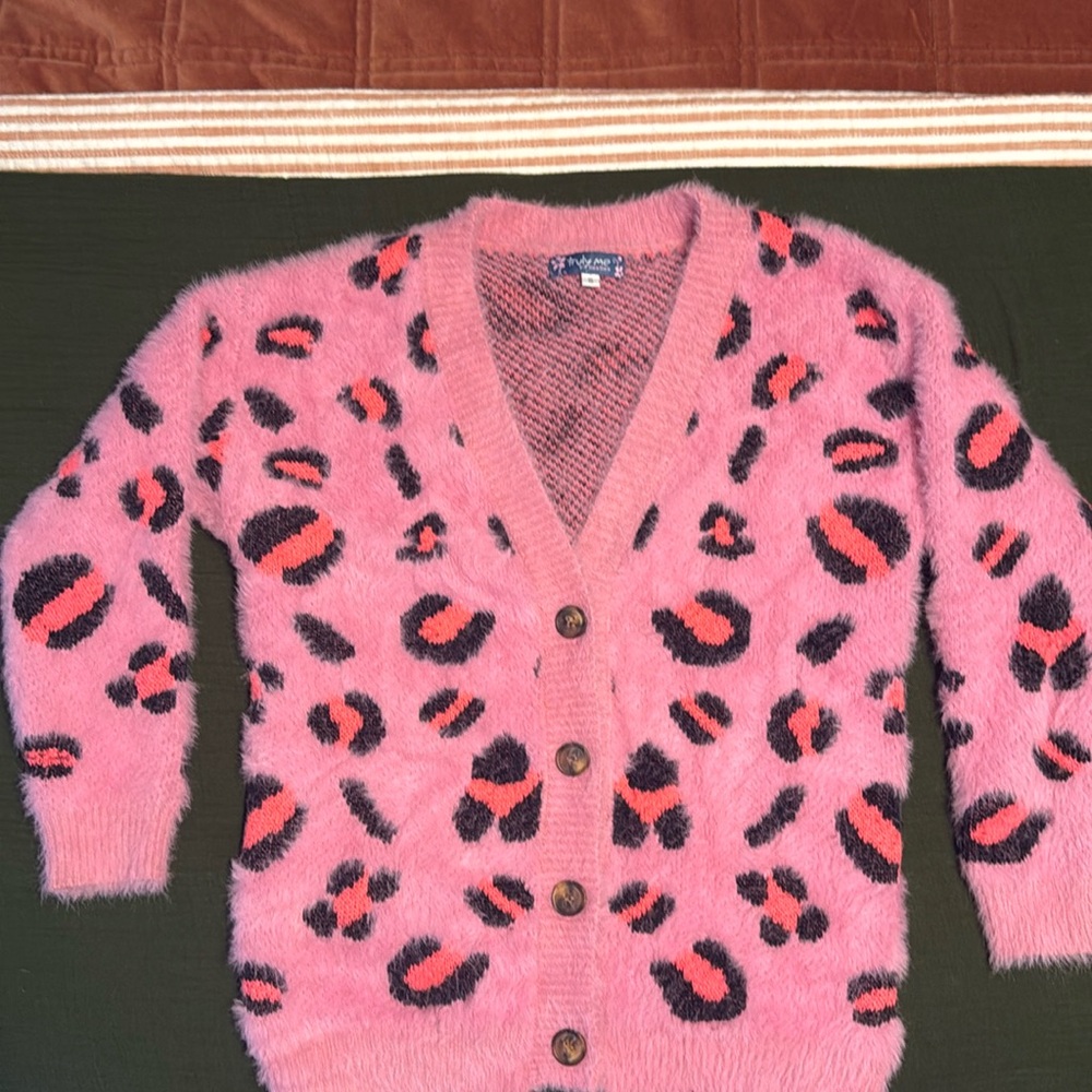 Girls Pink Leopard Fuzzy Cardigan